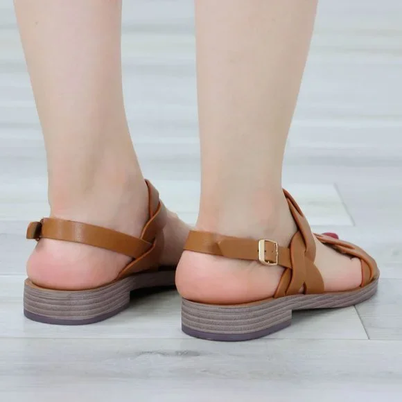 Tan Strappy Trendy Flat Gladiator Comfort Sandal Slip On Sliders - Picture 11 of 12